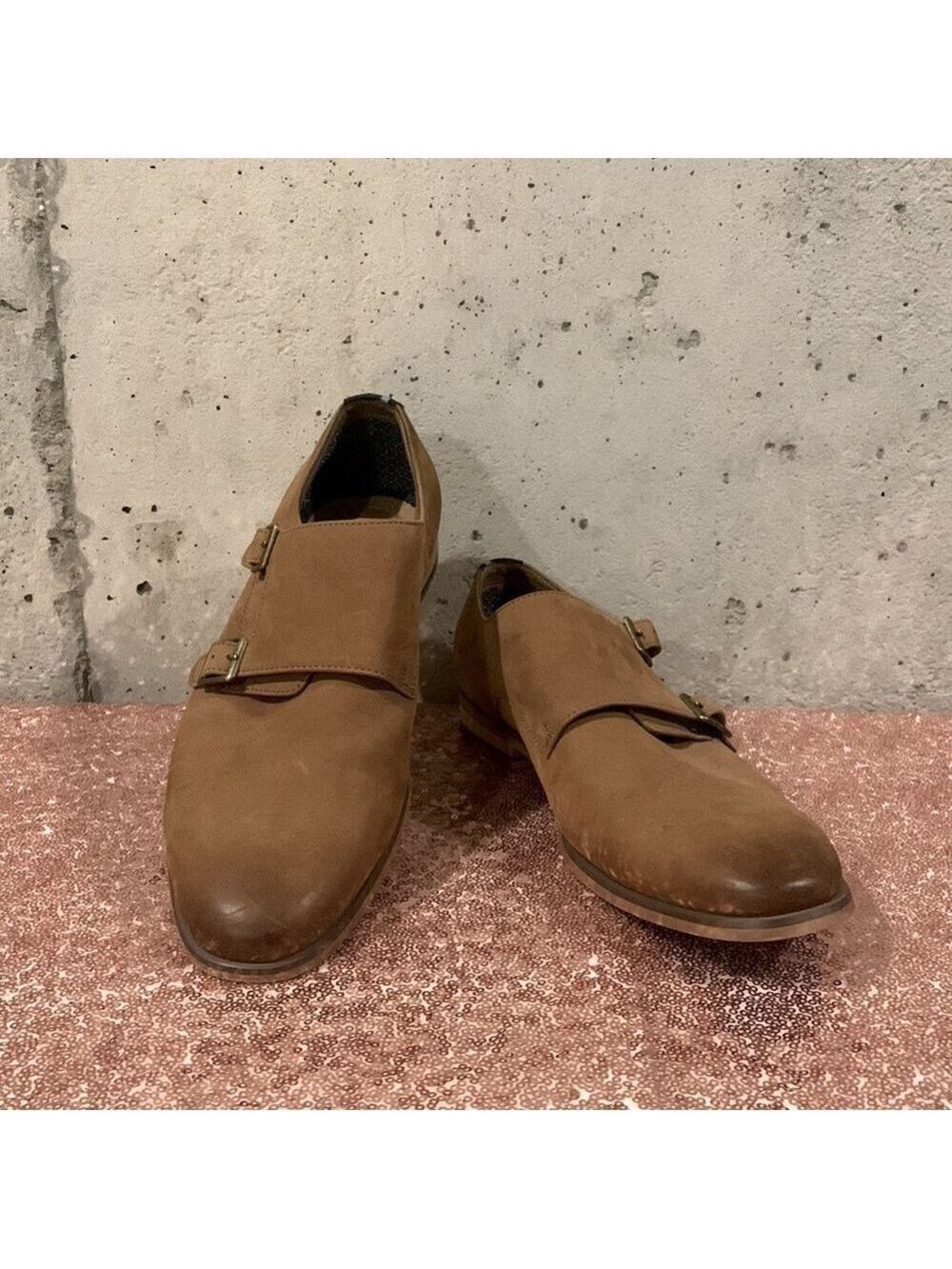 Aston Grey Carmel Color Hukle Double Monk Strap Oxfords For Men - Size 8